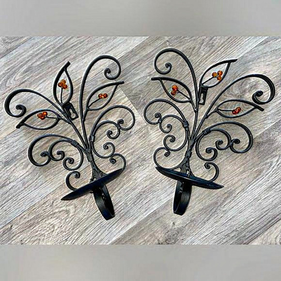 3/75$ Set of 2 Metal Wall mounted Candle Sconce Holder black thick metal‎ leaves - Picture 2 of 14